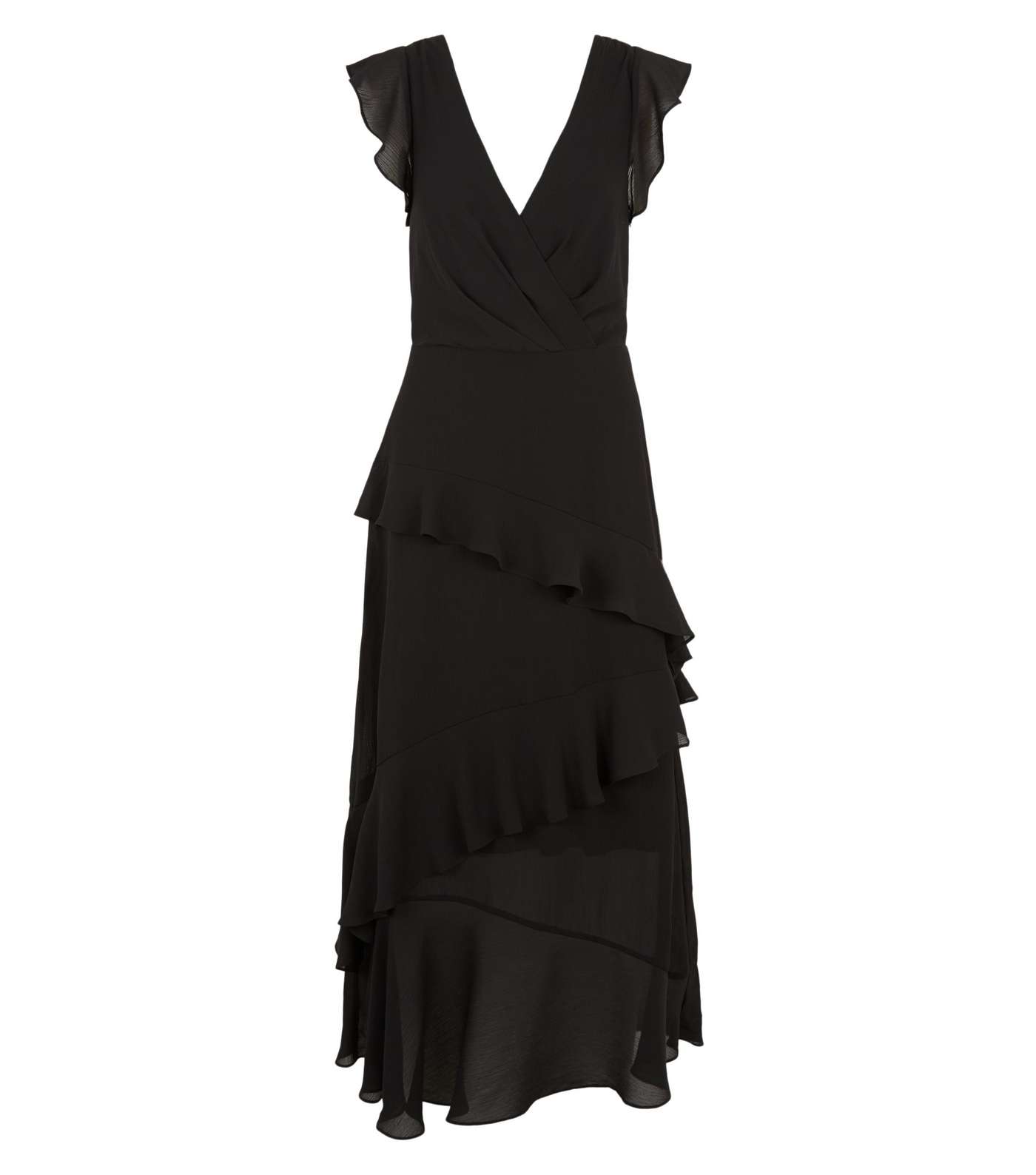 Tall Black Frill Chiffon Wrap Midi Dress Image 4