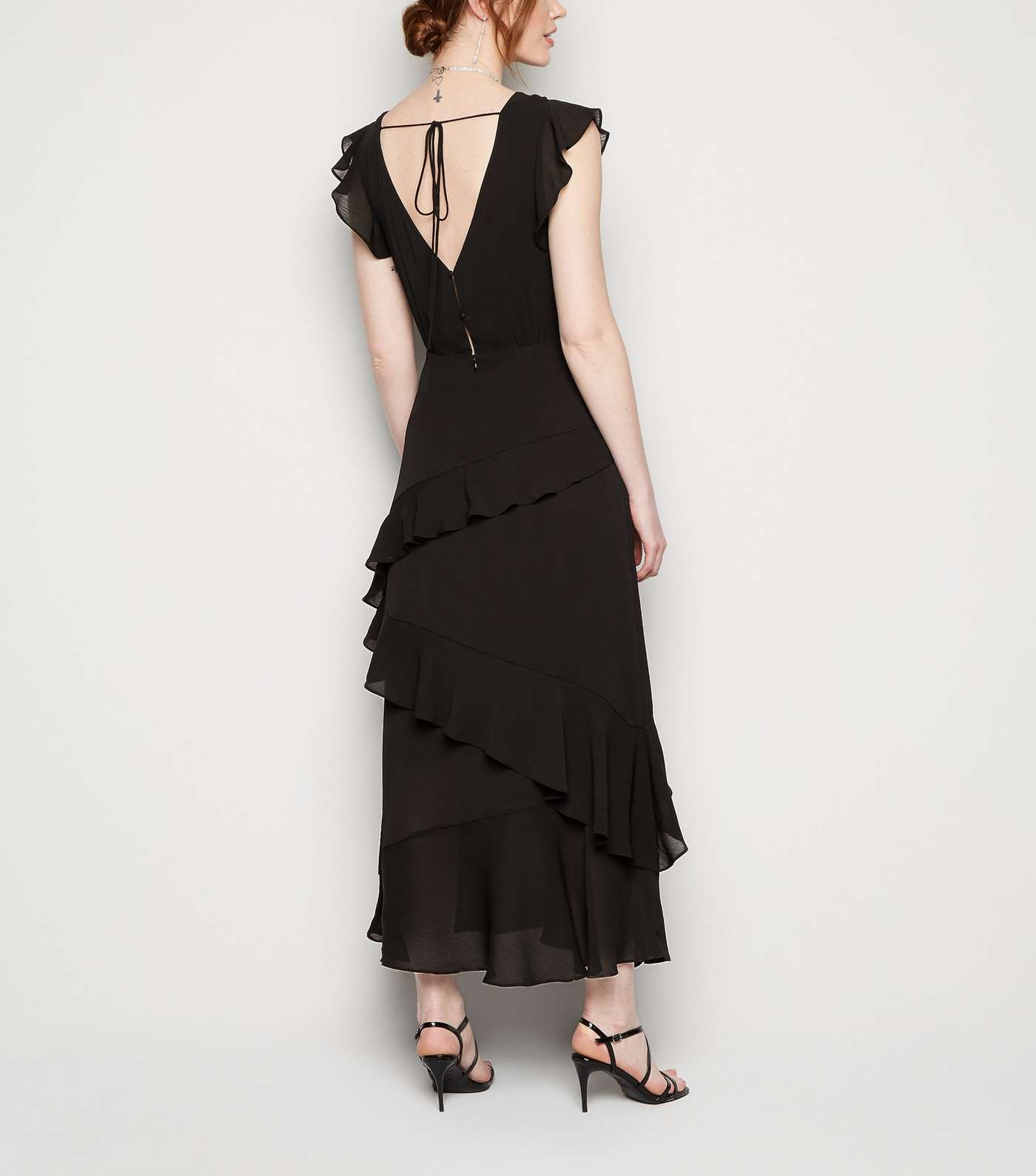 Tall Black Frill Chiffon Wrap Midi Dress Image 2