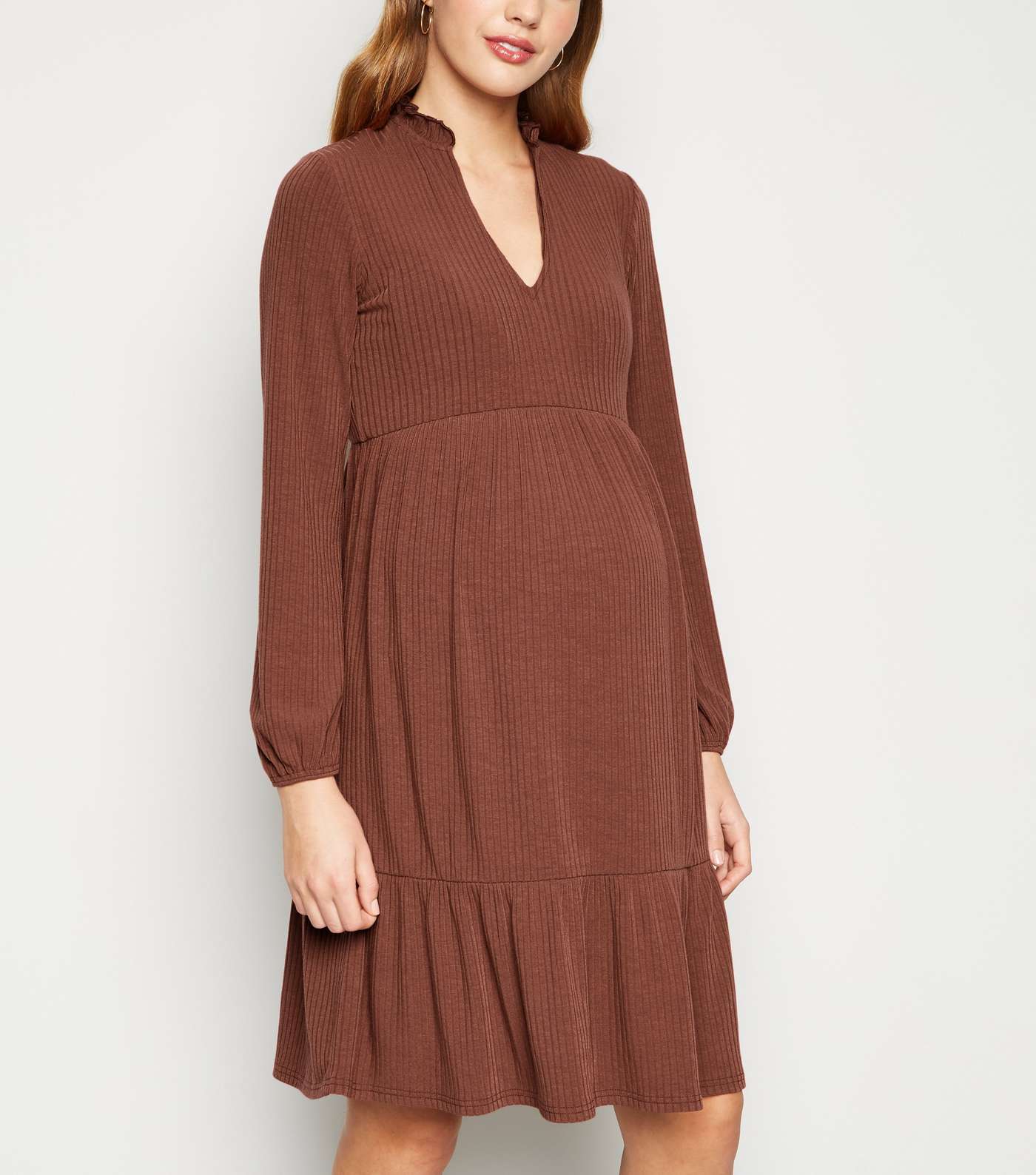 Maternity Rust Ribbed Tiered Smock Dress