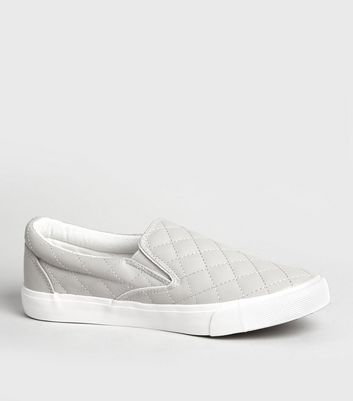 Image of Grey Leather-Look Quilted Slip On Trainers New Look Vegan