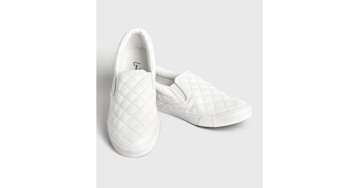 White Leather-Look Quilted Slip On Trainers | New Look