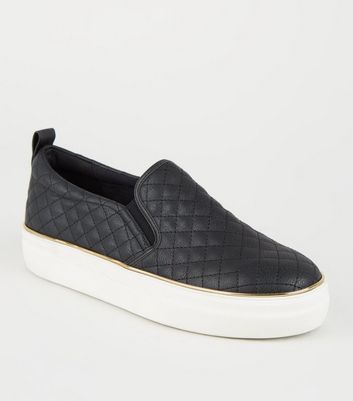 Black Leather-Look Quilted Slip On 