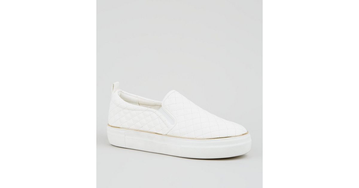 White LeatherLook Quilted Slip On Trainers New Look