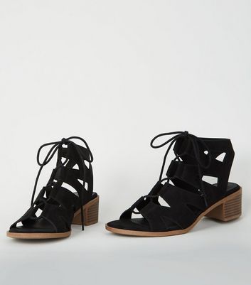 black suedette low block heel ghillie sandals