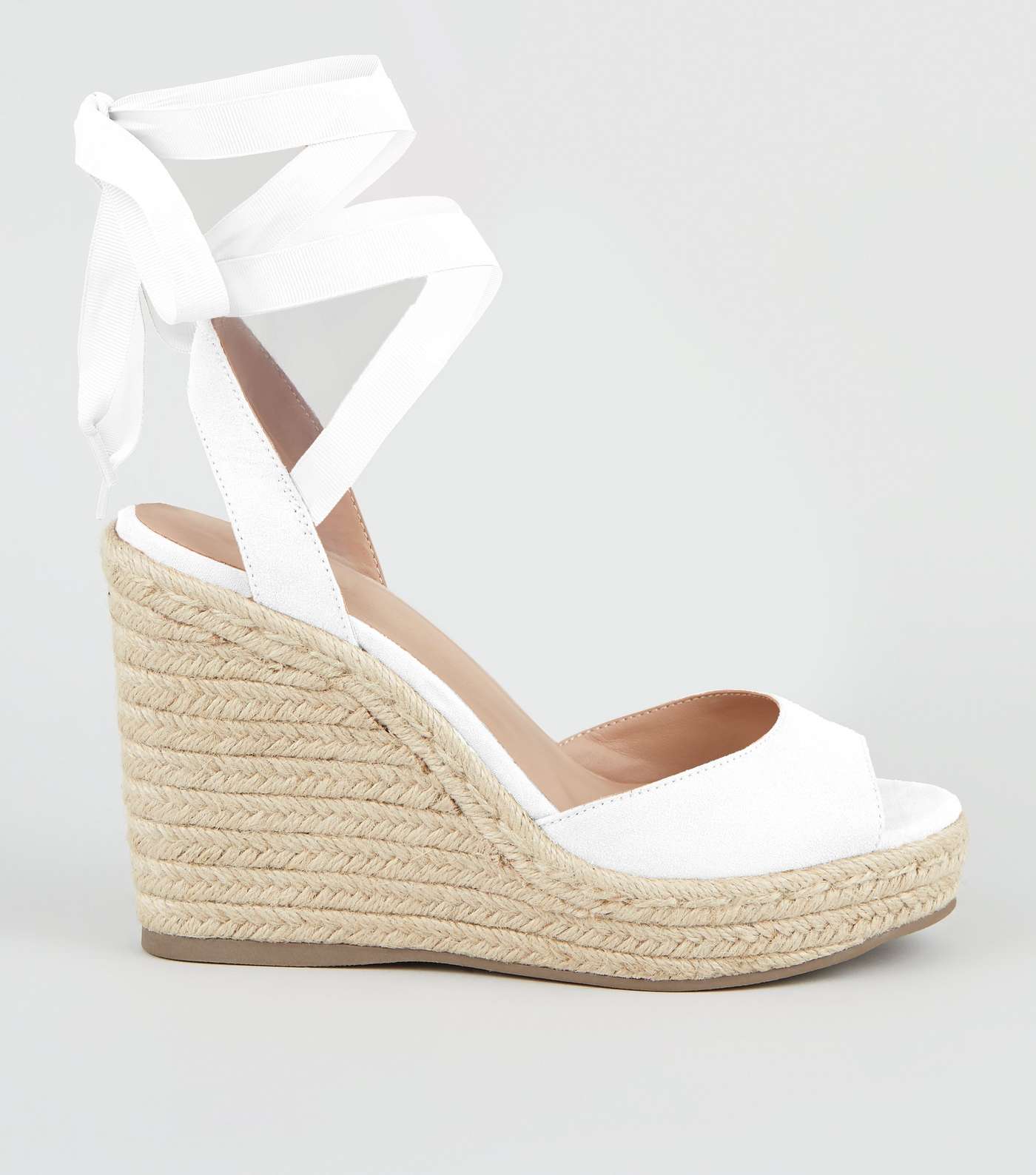 White Leather-Look Ankle Tie Espadrille Wedges