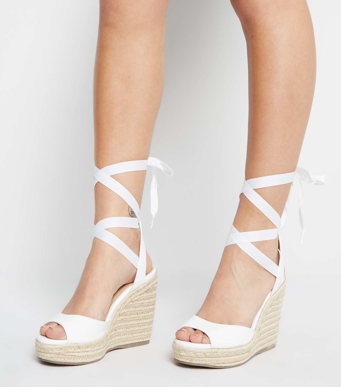 White Leather-Look Ankle Tie Espadrille Wedges Image 2