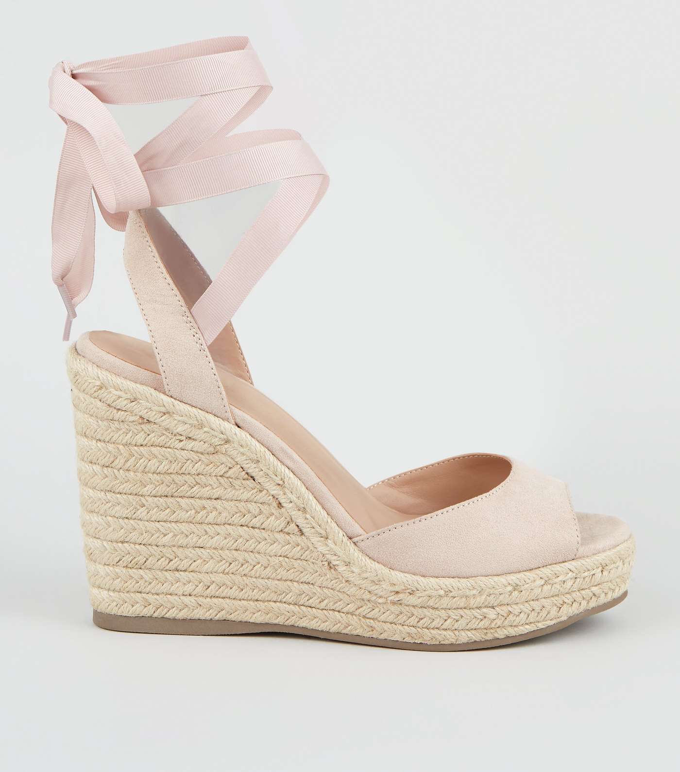 Pale Pink Suedette Ankle Tie Woven Espadrille Wedges