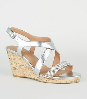 silver diamante wedges