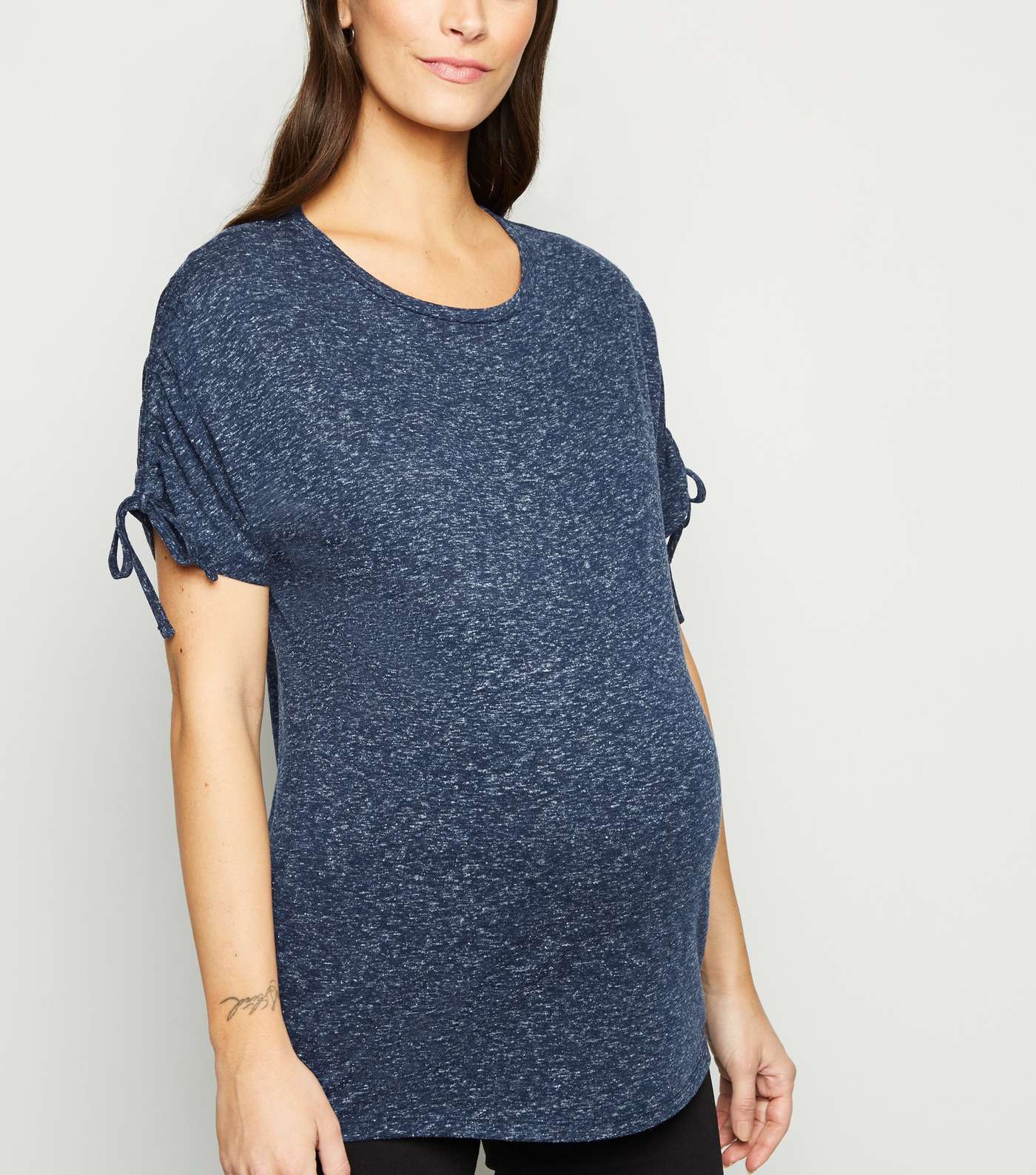 Maternity Navy Ruched Tie Sleeve T-Shirt