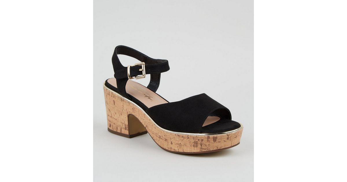 Wide Fit Black Suedette Cork Block Heel Sandals New Look