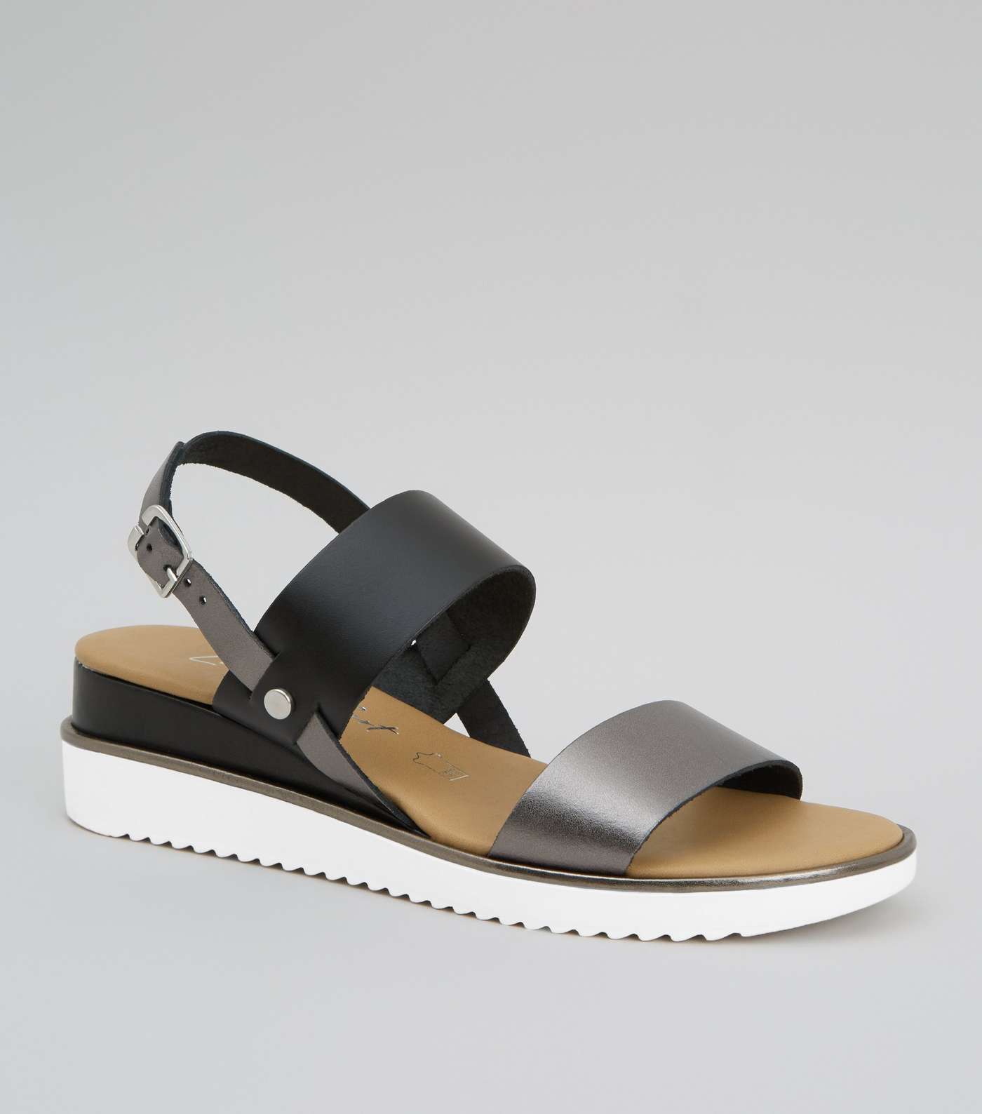 Black Leather Double Strap Wedge Sandals