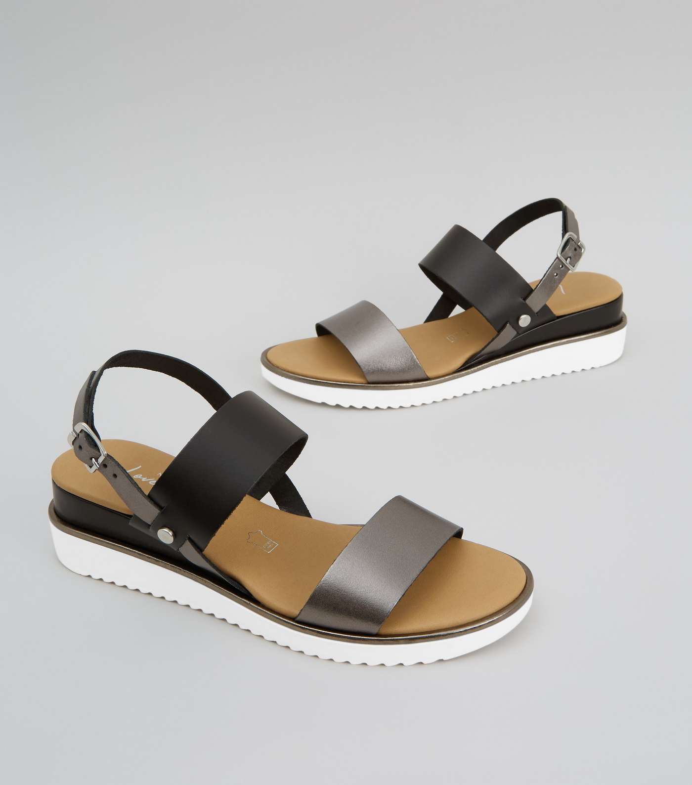 Black Leather Double Strap Wedge Sandals Image 3