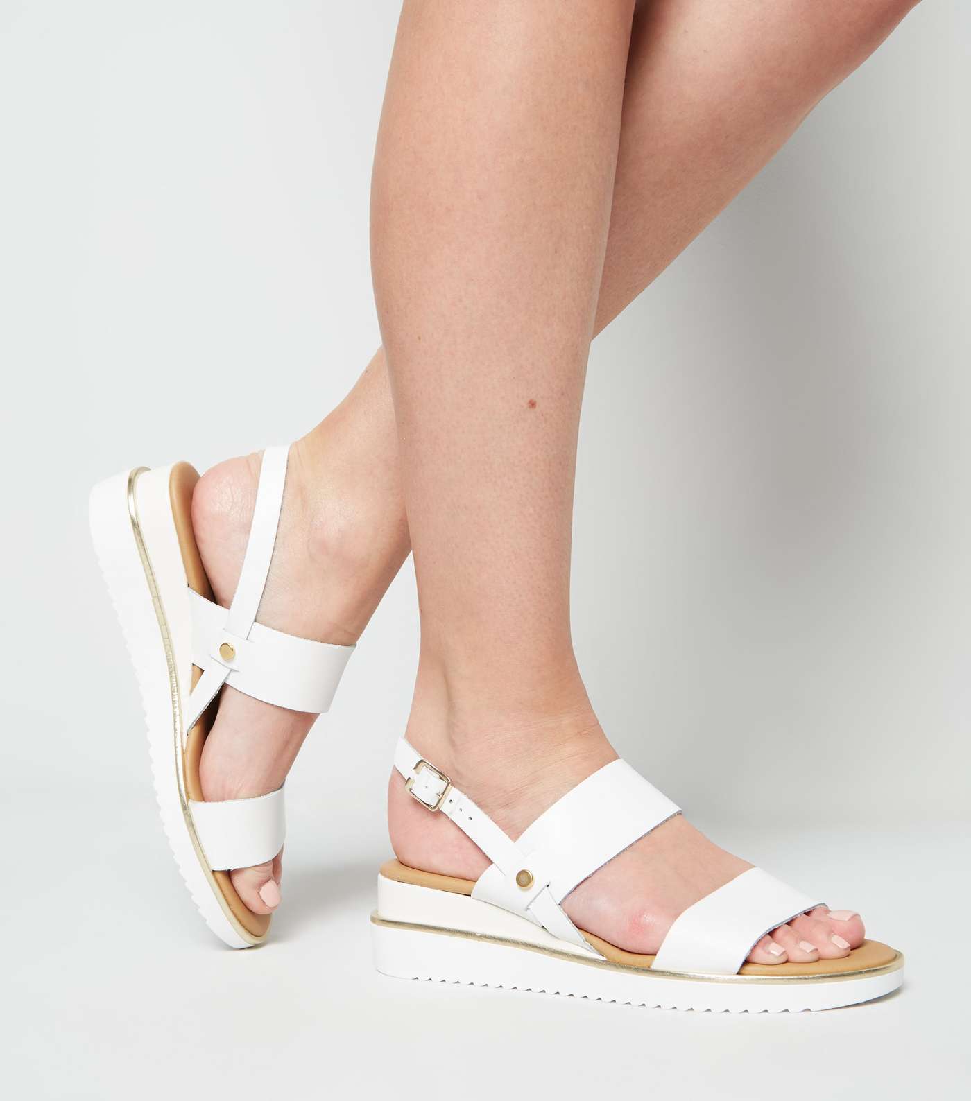 White Leather Double Strap Wedge Sandals Image 2
