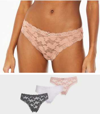 3 Pack Grey Mink and White Floral Lace Thongs