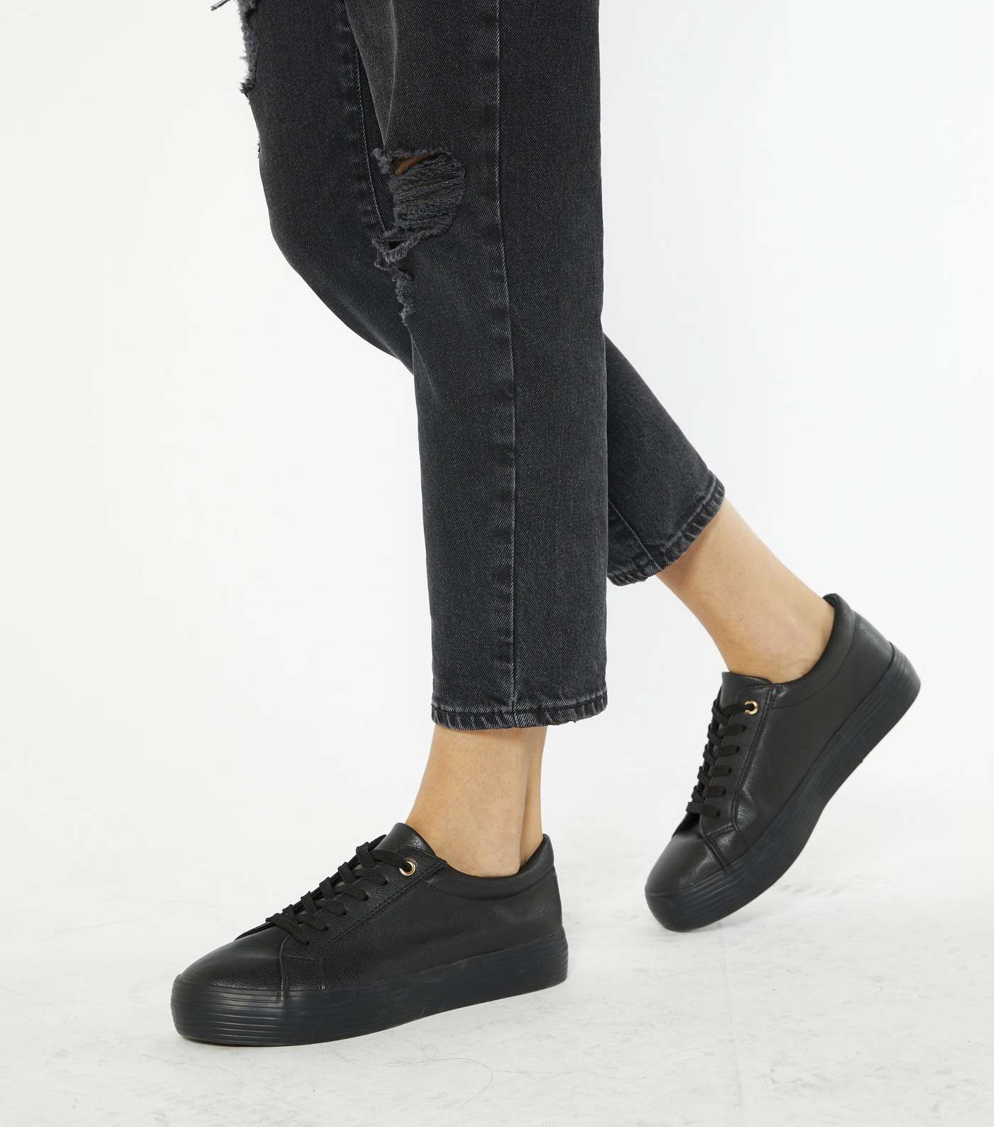 Black Leather-Look Lace Up Flatform Trainers Image 3