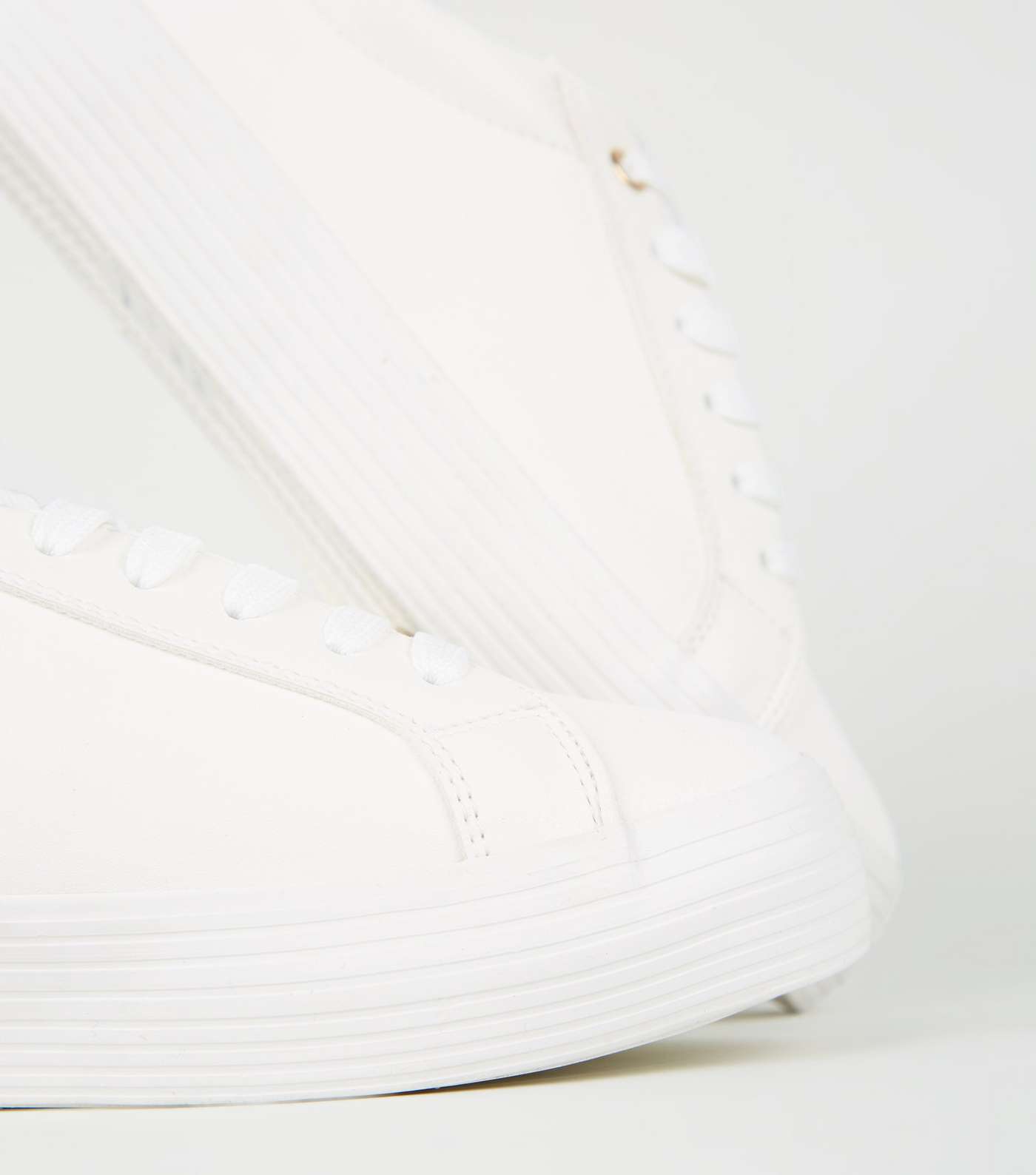 White Leather-Look Lace Up Flatform Trainers Image 3