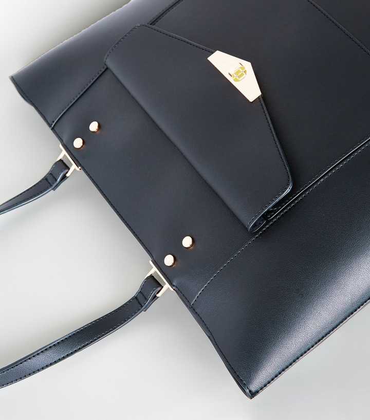 Black Leather-Look Pocket Front Tote Bag