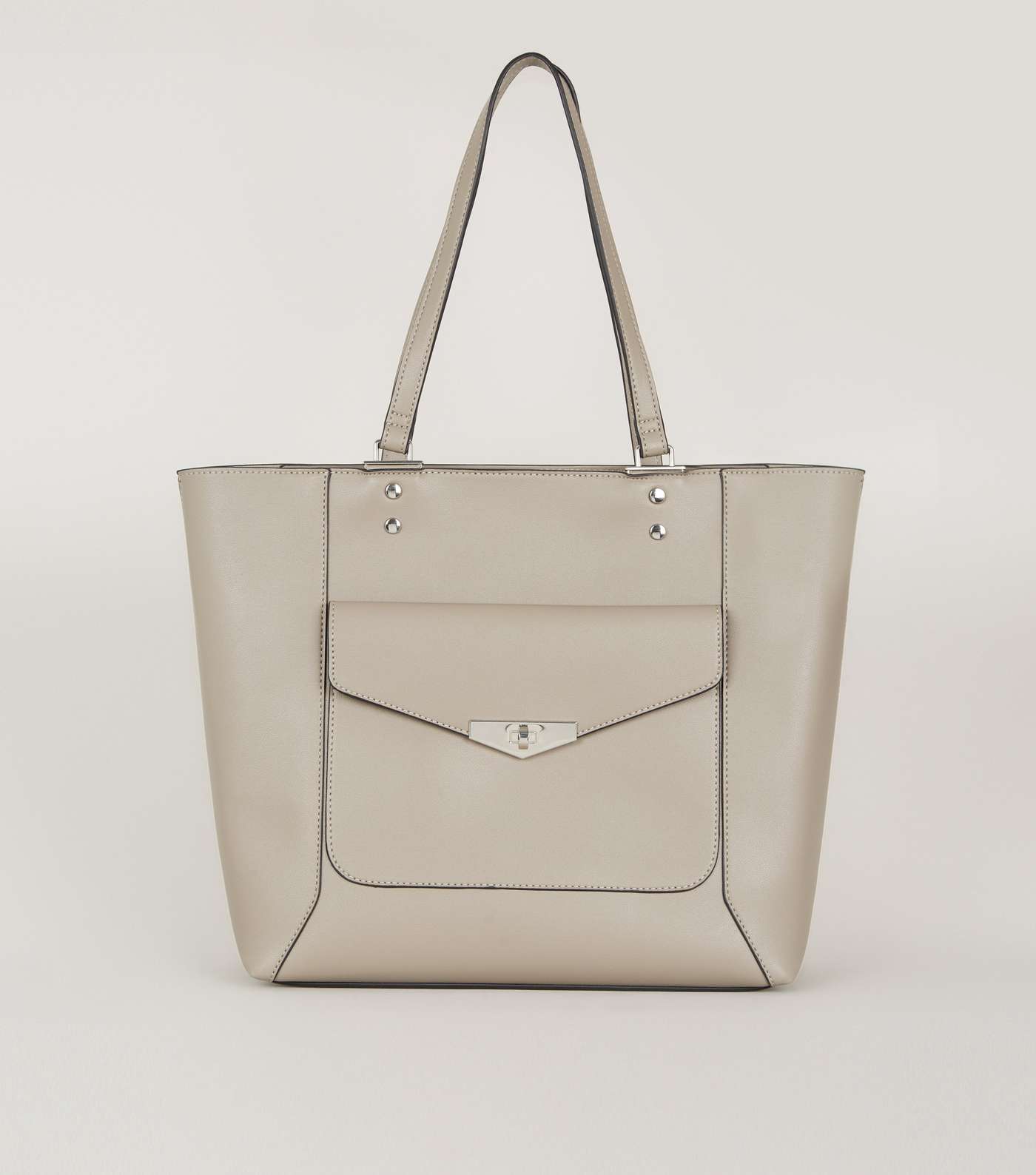 Grey Leather-Look Pocket Front Tote Bag