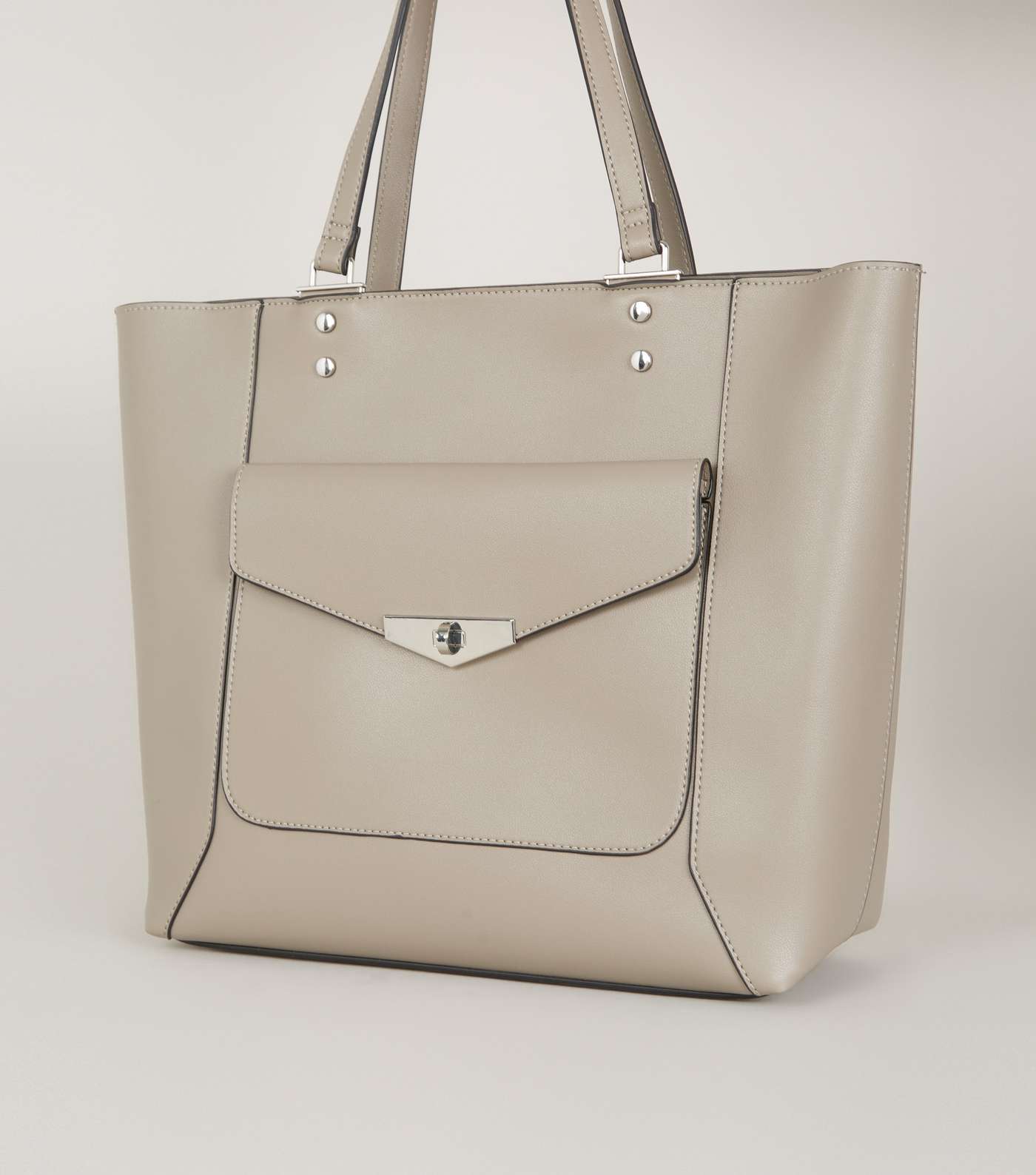 Grey Leather-Look Pocket Front Tote Bag Image 3