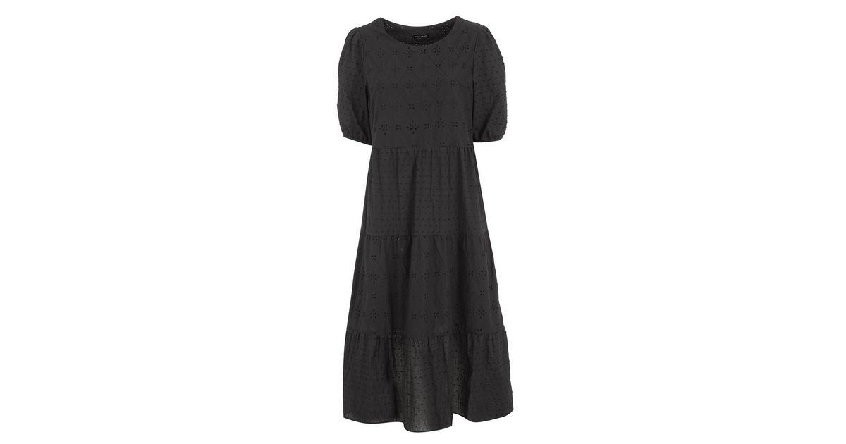 Black Broderie Puff Sleeve Midi Dress | New Look