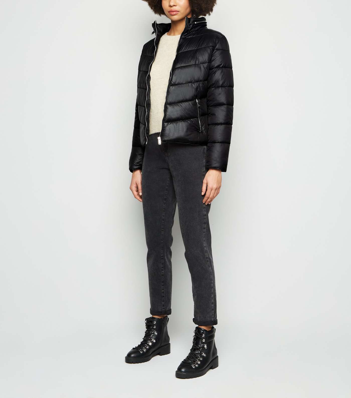 Parisian Black High Shine Leather-Look Puffer Coat Image 2
