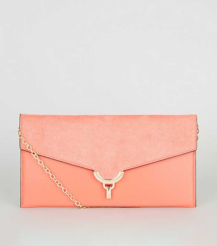 Coral Suedette and Leather-Look Clutch | New Look