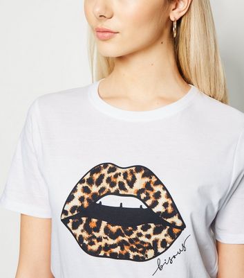White Leopard Print Lips Slogan T-Shirt 