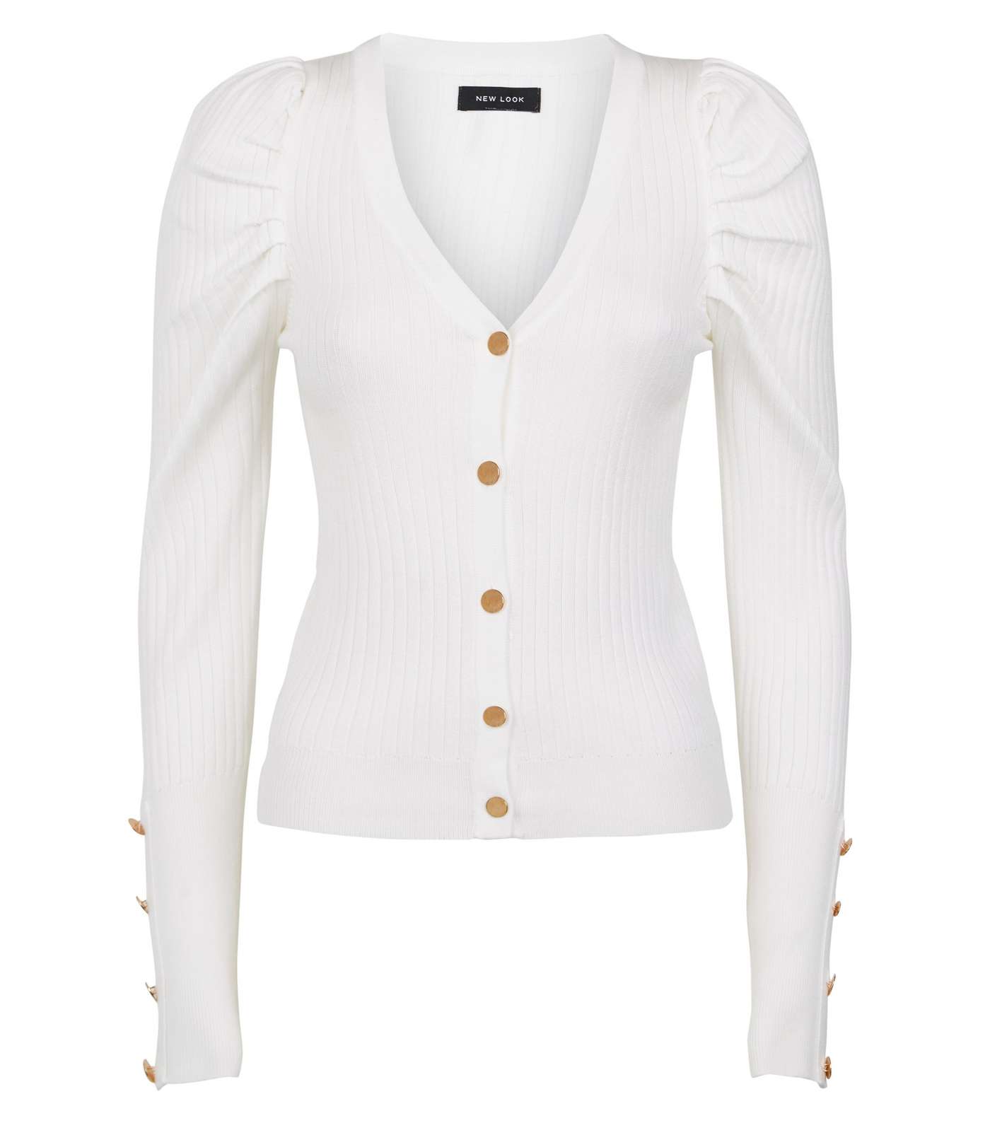 Off White Ribbed Knit Puff Sleeve Cardigan Image 4