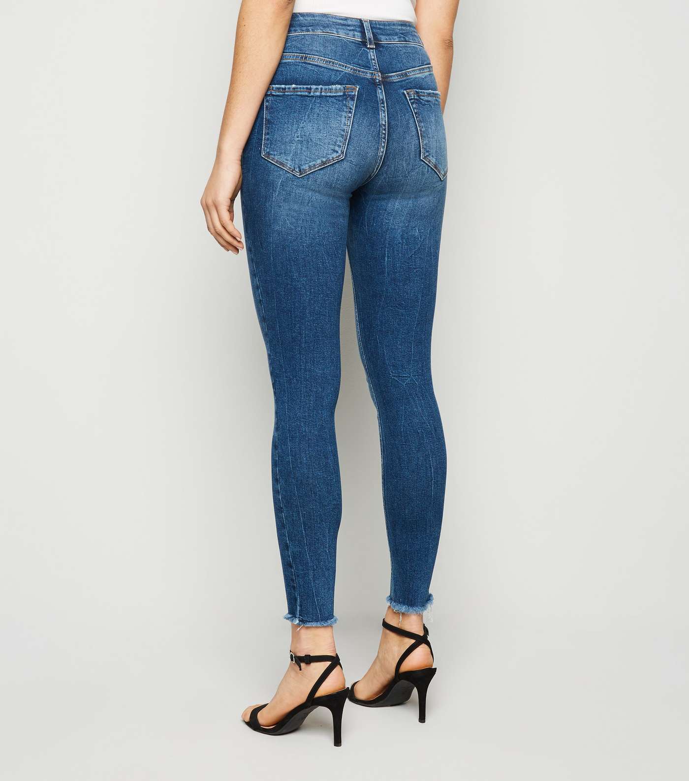Blue Frayed Hem Mid Rise Super Skinny Jeans Image 3