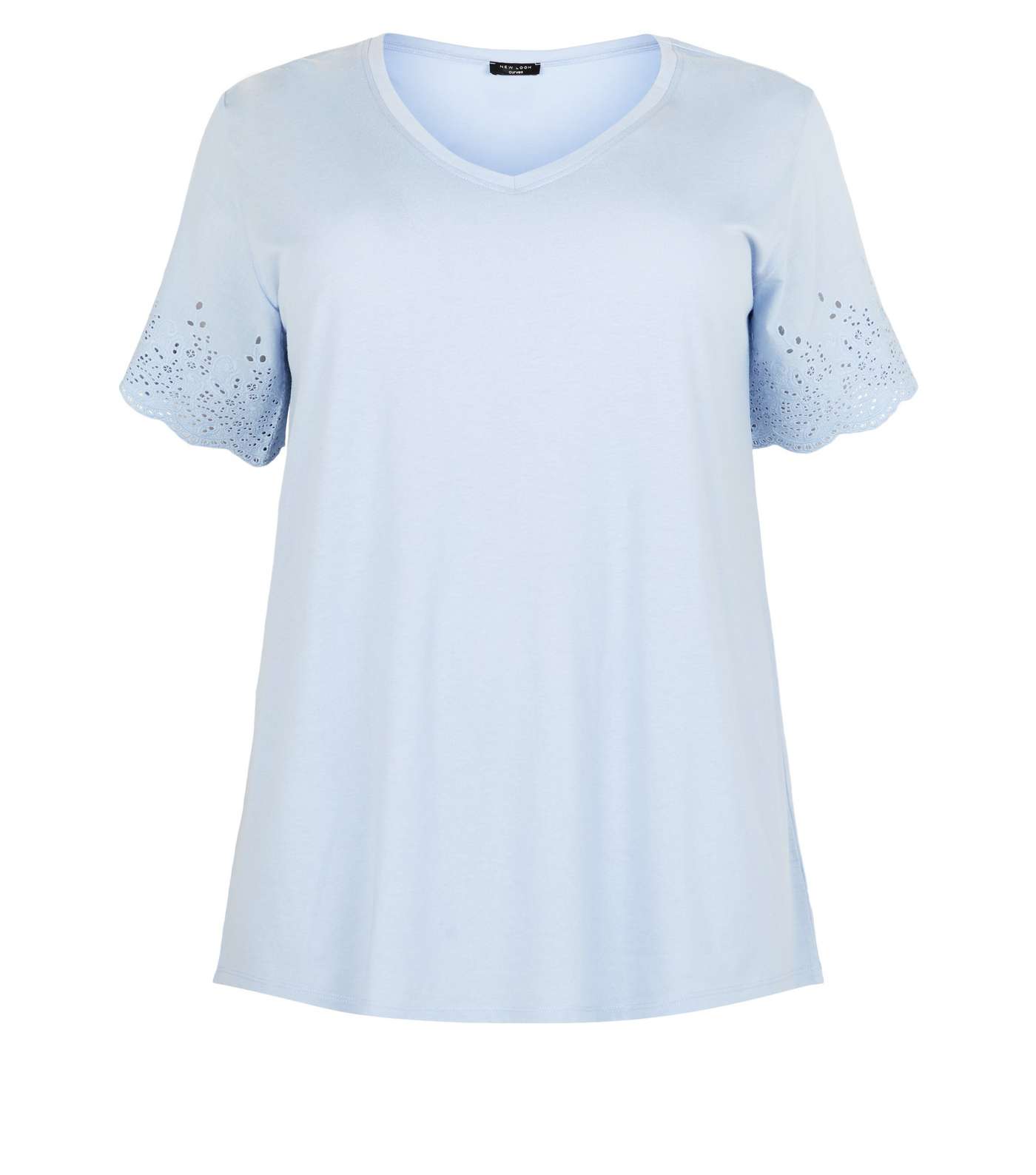 Curves Pale Blue Broderie Sleeve V Neck T-Shirt  Image 4