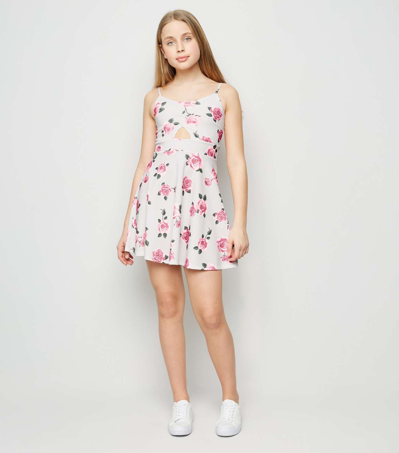 Girls White Floral Cut Out Skater Dress