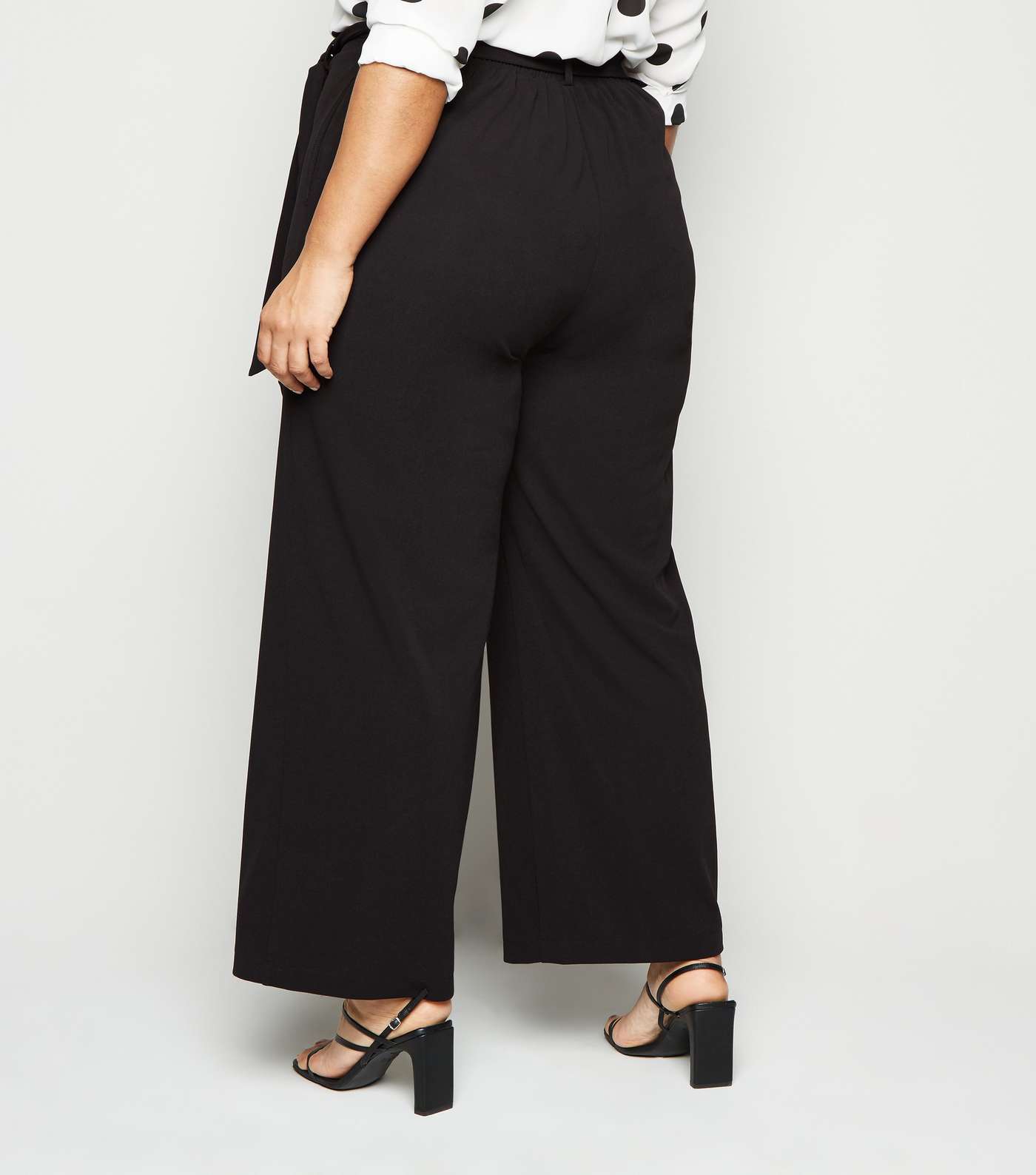 Curves Black Wide Leg Belted Scuba Trousers Image 3