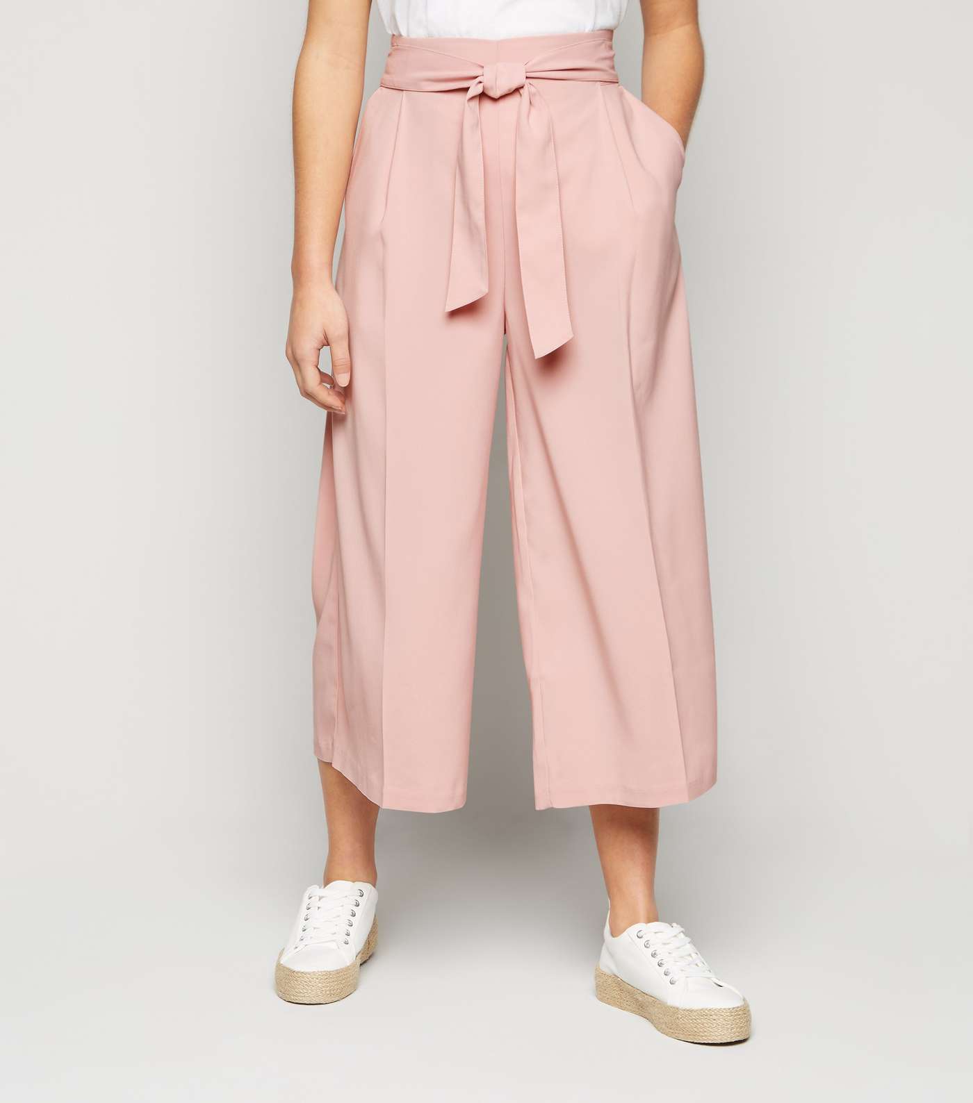 Petite Pale Pink Tie Waist Crop Trousers Image 2