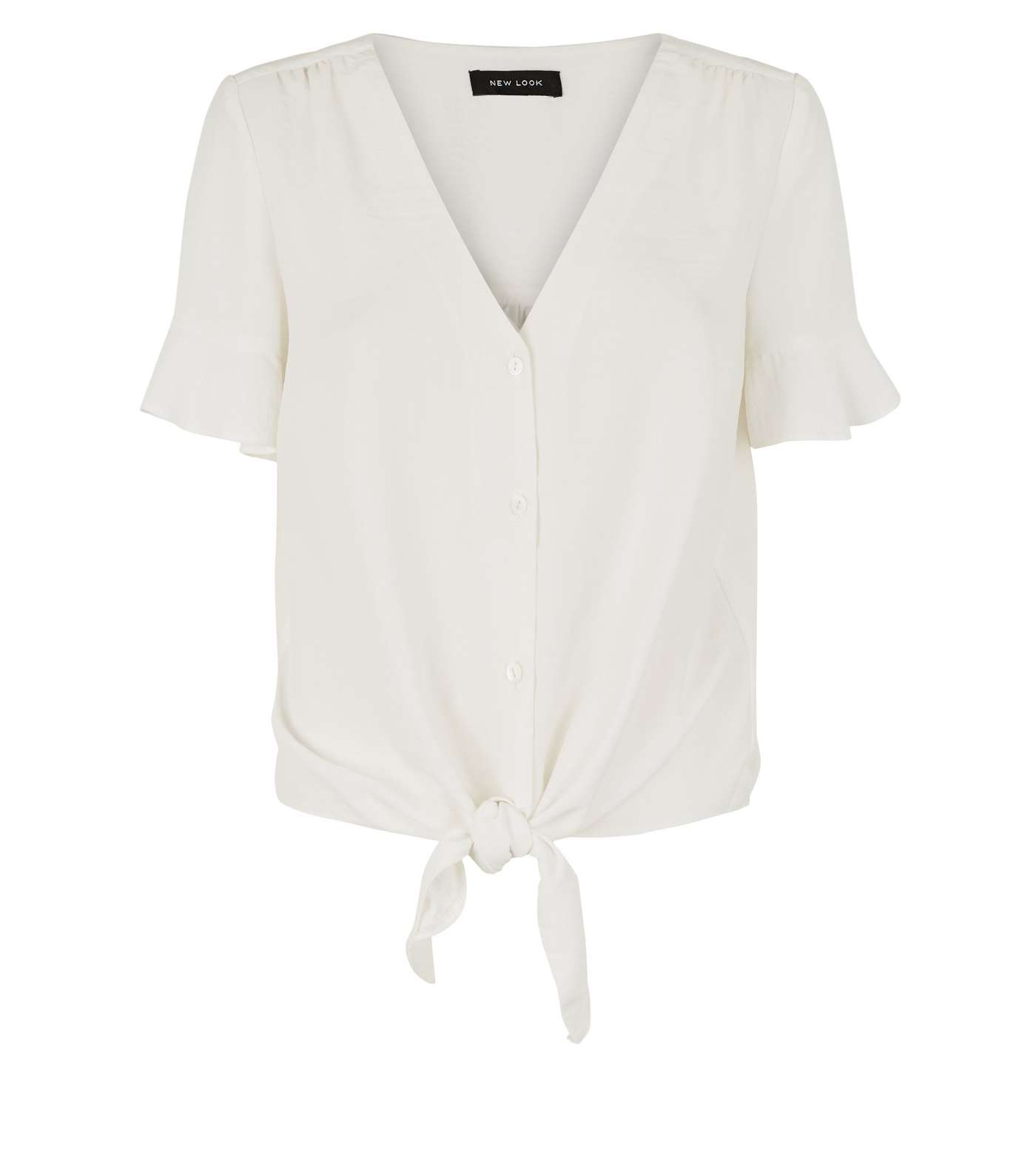 Off White Frill Sleeve Tie Front Blouse Image 4