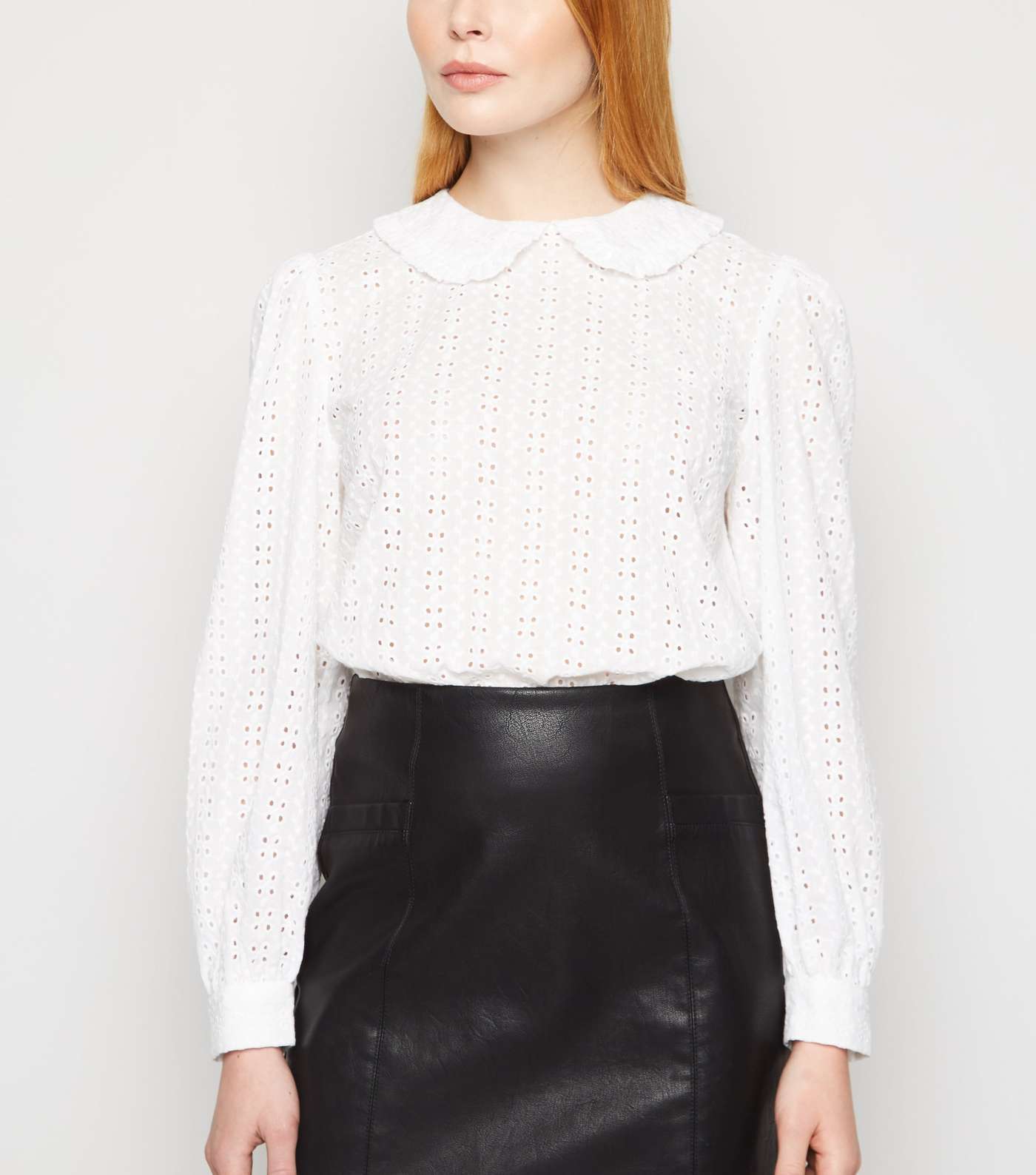 White Broderie Collared Puff Sleeve Top