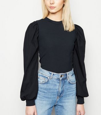 Black Ribbed Poplin Puff Sleeve Top 