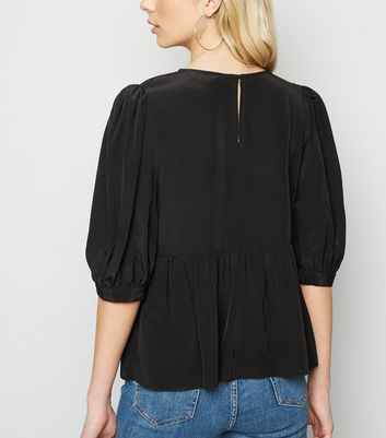 Image of Black Puff Sleeve Peplum Top New Look