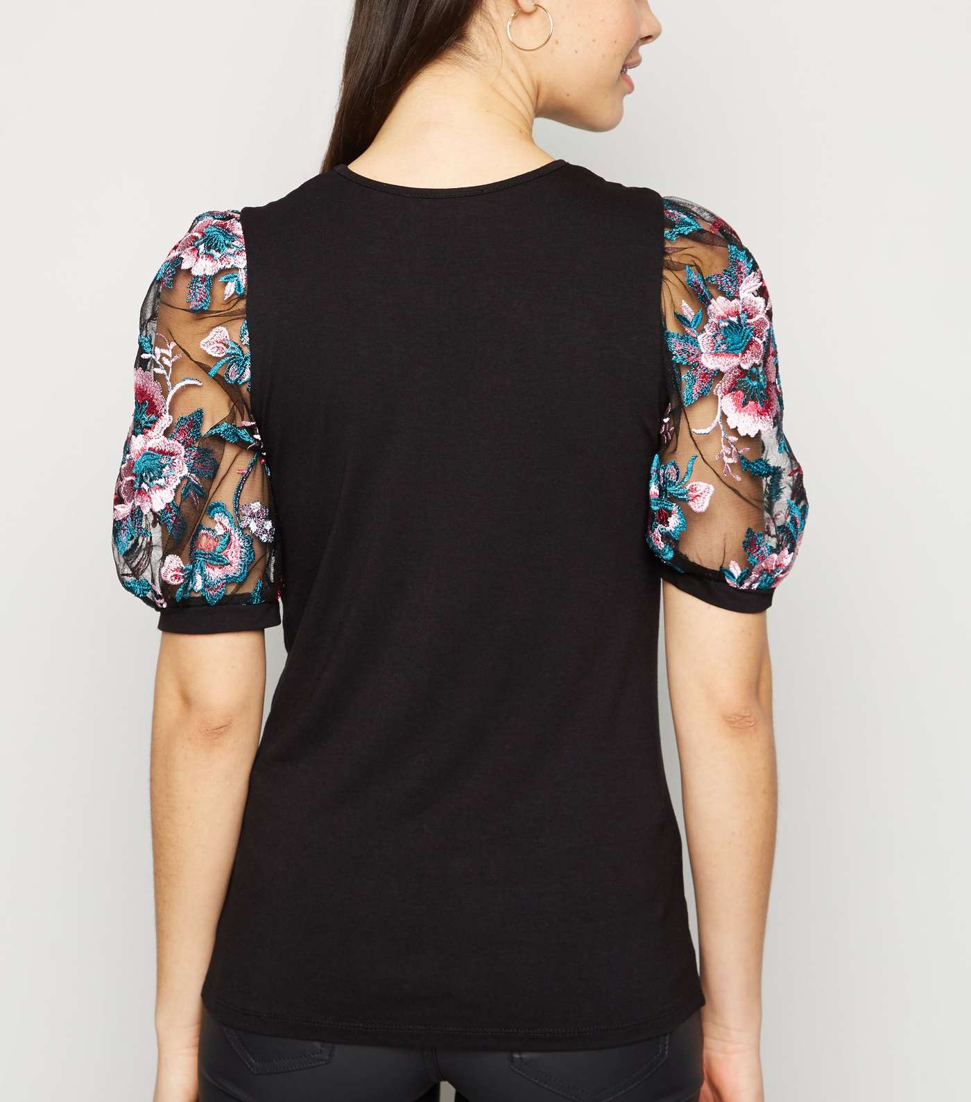 Black Floral Embroidered Mesh Sleeve Top Image 3