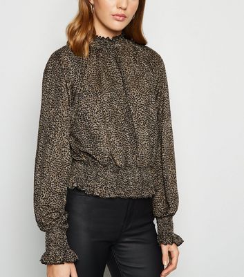 Brown Leopard Print Shirred High Neck Top | New Look