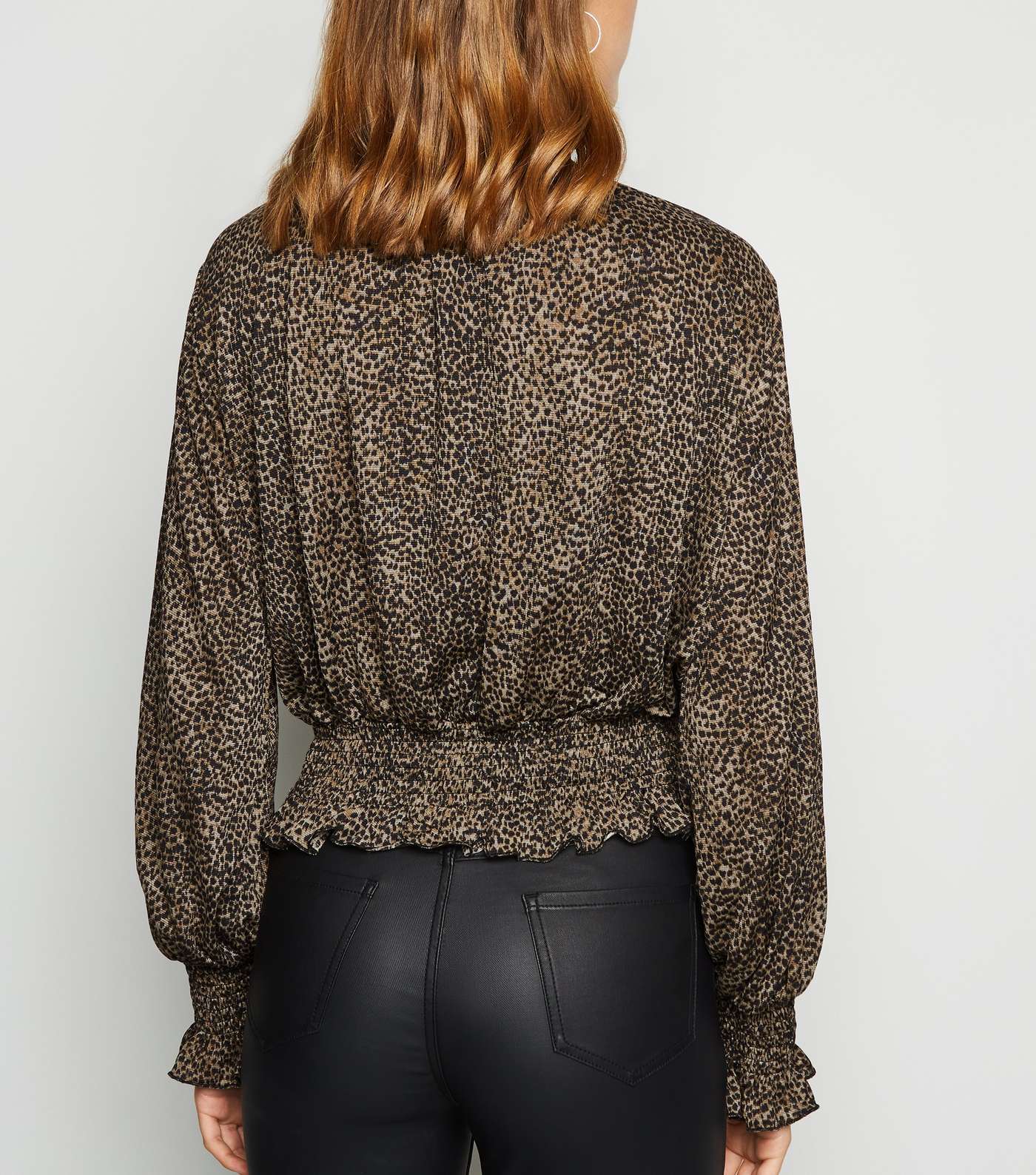 Brown Leopard Print Shirred High Neck Top Image 3