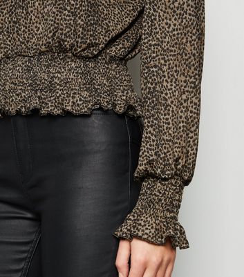 Image of Brown Leopard Print Shirred High Neck Top New Look