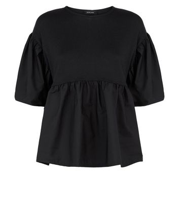 Image of Black Fine Knit Poplin Peplum Top New Look