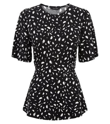 Image of Black Abstract Spot Flutter Sleeve Peplum Top New Look