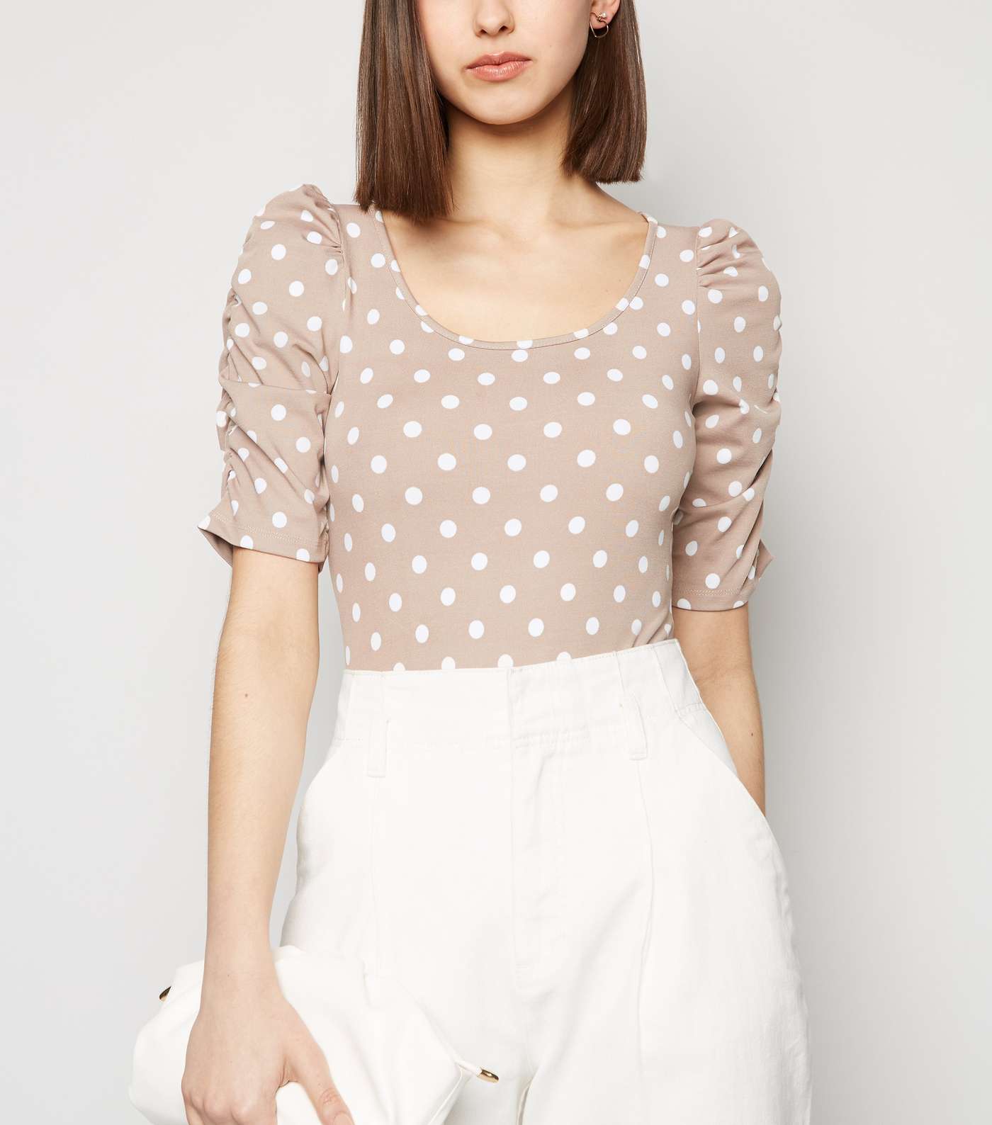 Brown Spot Ruched Puff Sleeve Bodysuit