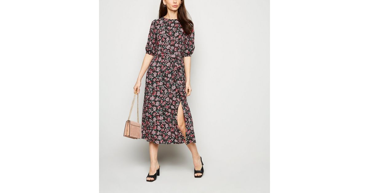 Black Floral Tie Waist Midi Dress | New Look