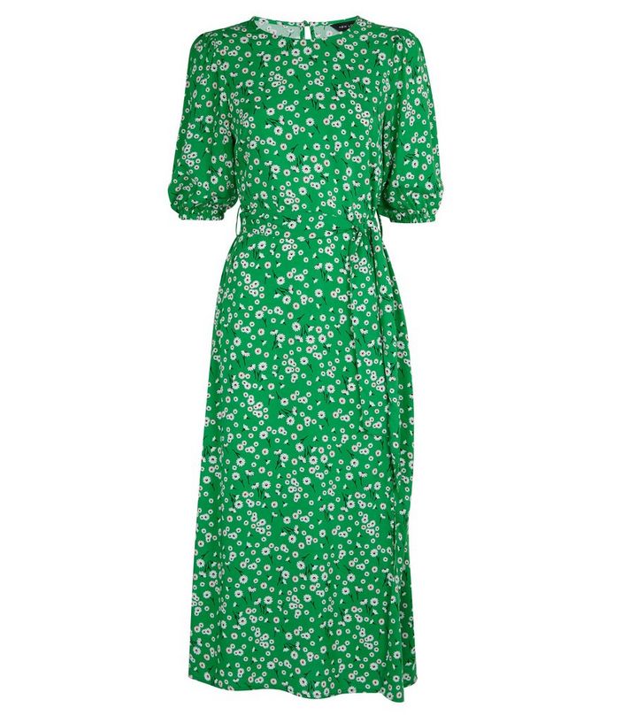 Green Floral Belted Midi Dress New Look