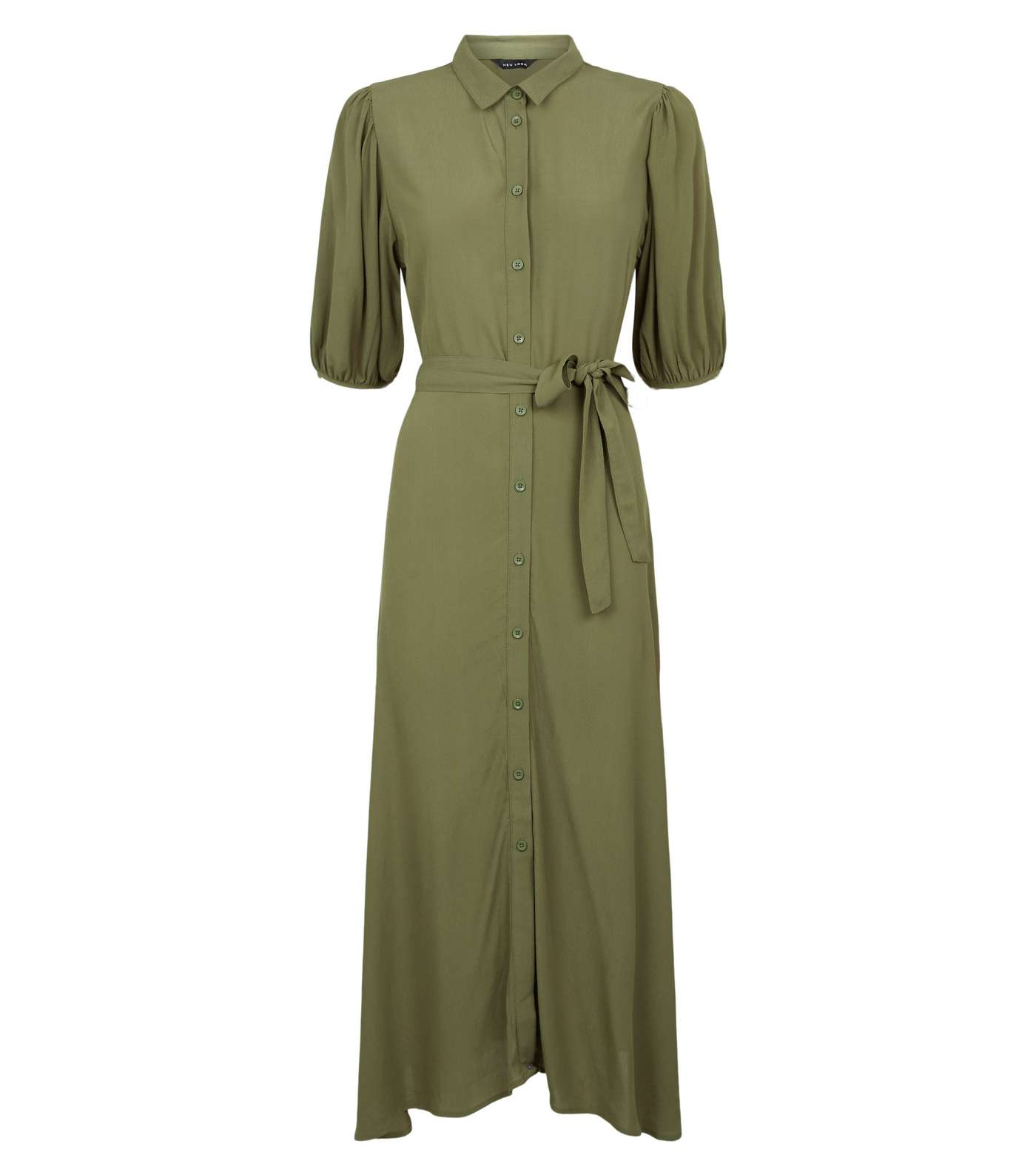 Khaki Puff Sleeve Belted Midi Shirt Dress Image 4