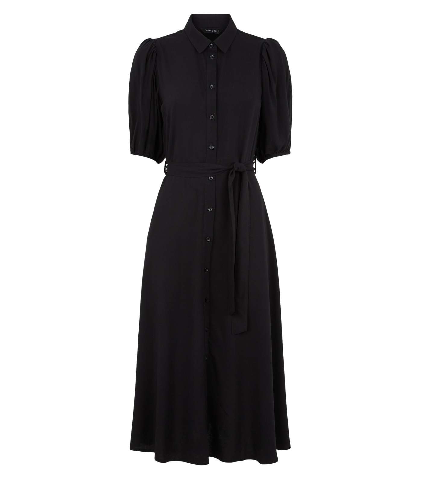 Black Puff Sleeve Midi Shirt Dress Image 4
