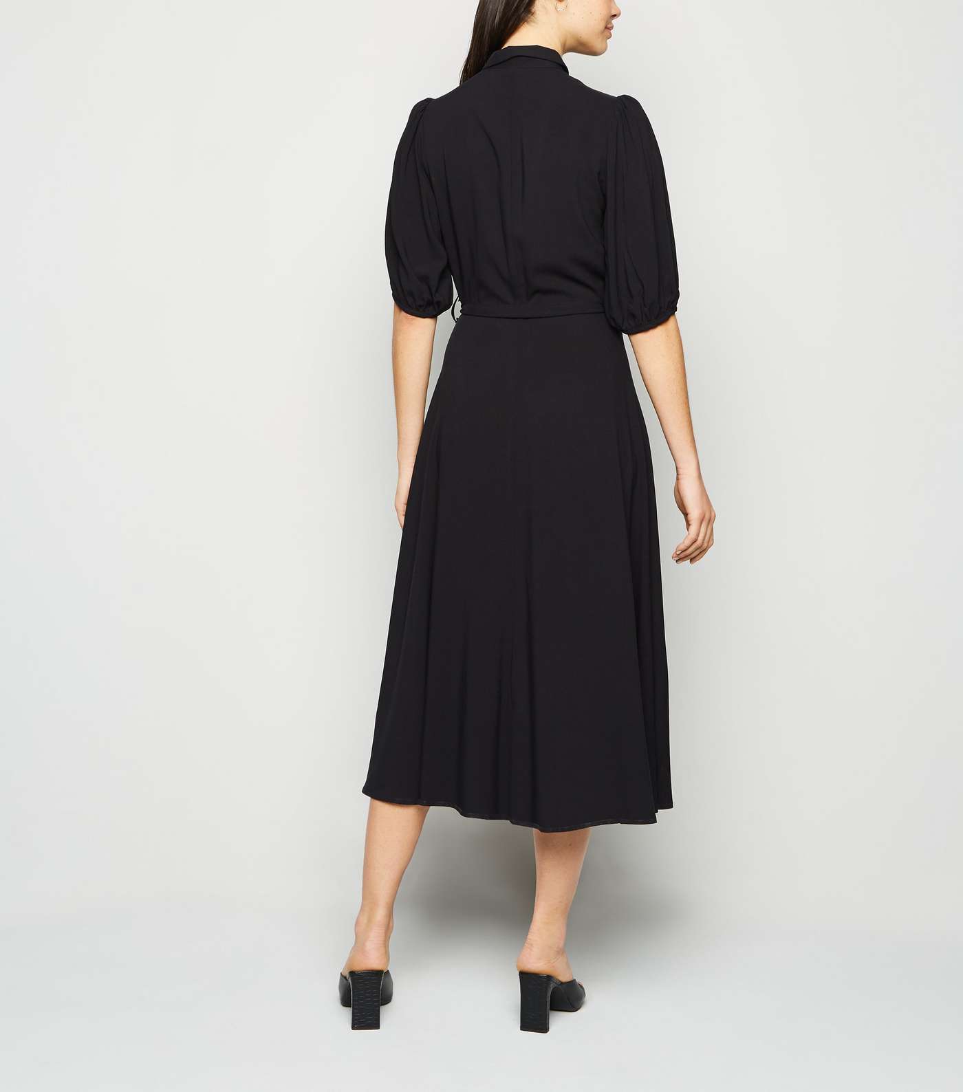 Black Puff Sleeve Midi Shirt Dress Image 2