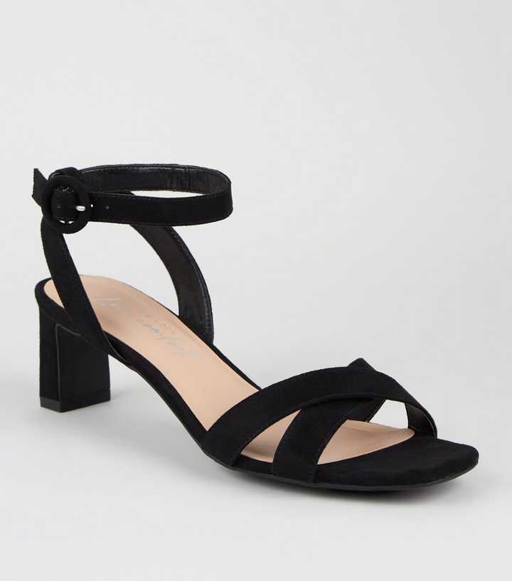 Black Suedette Cross Strap Slim Block Heel Sandals